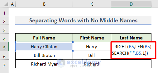 Apply Excel Formula to Separate Words in Different Names