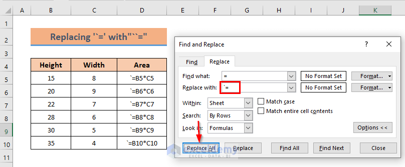 Find & Replace to Show Formula in Excel Cells Instead of value