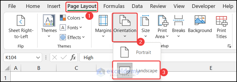 Using Landscape Command from Page Layout Tab to Change the Orientation of the Worksheet to Landscape