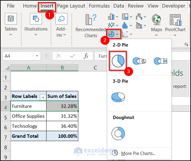 inserting pie chart to create report that displays quarterly sales by territory in excel