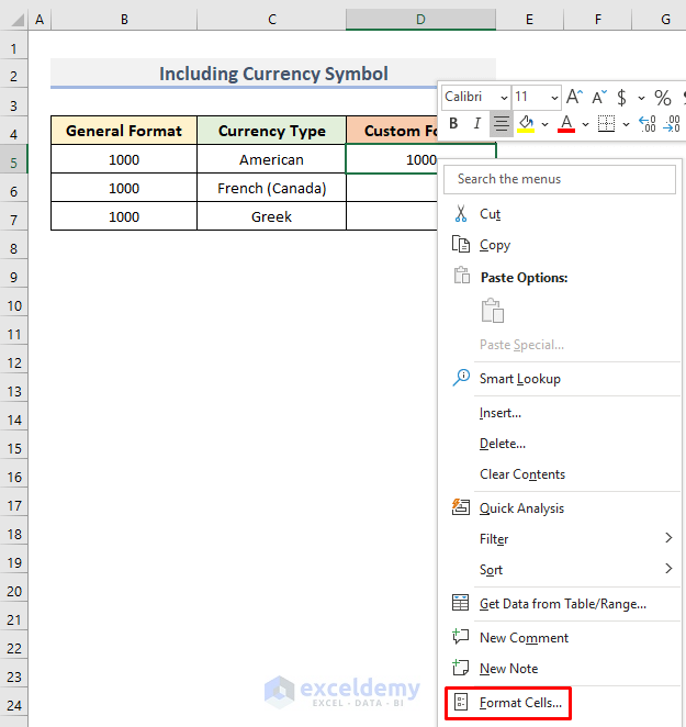 Include Currency Symbol Using Custom Number Format Option in Excel