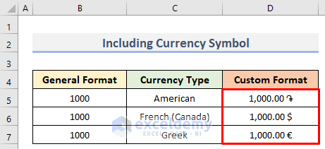 Include Currency Symbol Using Custom Number Format Option in Excel