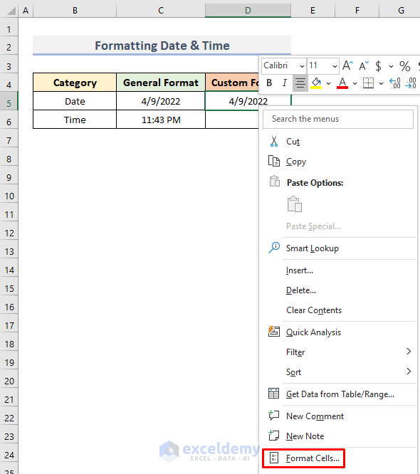 Apply Custom Number Format Feature to Format Date & Time in Excel