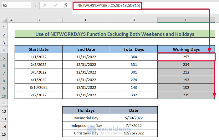 considering both weekends and holidays in networkdays function to calculate working days in excel excluding weekends and holidays