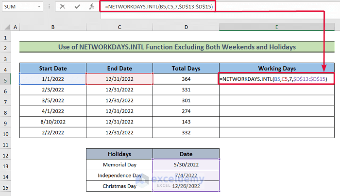typing networkdays.intl function to calculate working days in excel excluding weekends and holidays