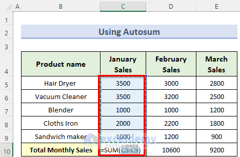 AutoSum to sum multiple rows and columns in excel