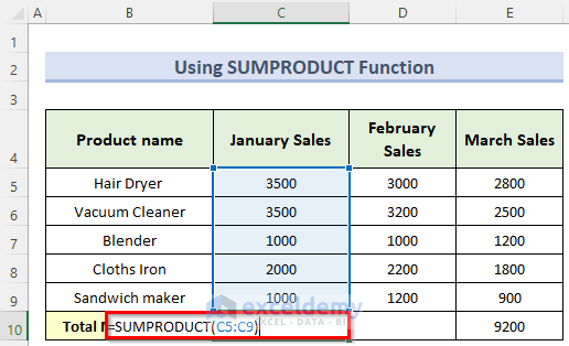 SUMPRODUCT function to sum multiple rows and columns in excel