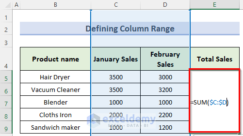 defining column range to sum multiple rows and columns in excel