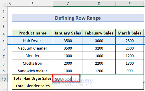 defining row range to sum multiple rows and columns in excel