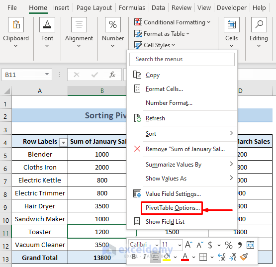 Access the PivotTable Options