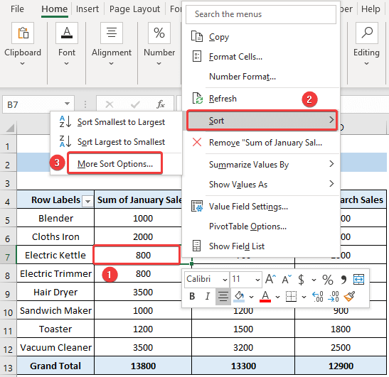 Choose the More Sort Option to Sort Pivot Table by Values