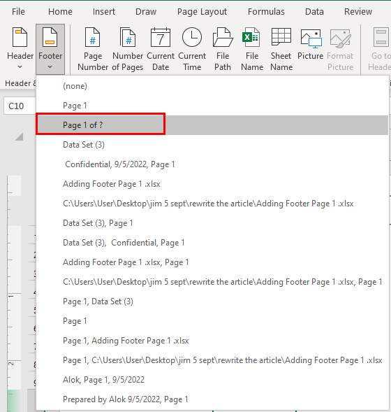 Selecting Page 1? option to Add the Footer Page 1 to Current Worksheet