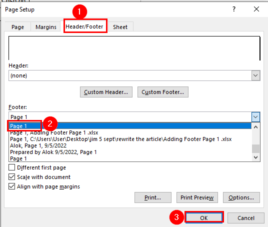Using Page Setup dialog box to Add the Footer Page 1 to Current Worksheet