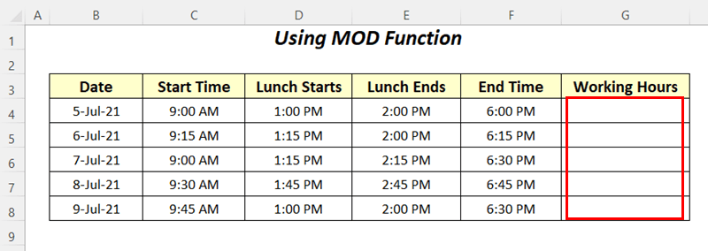 using MOD function to calculate hours worked minus lunch