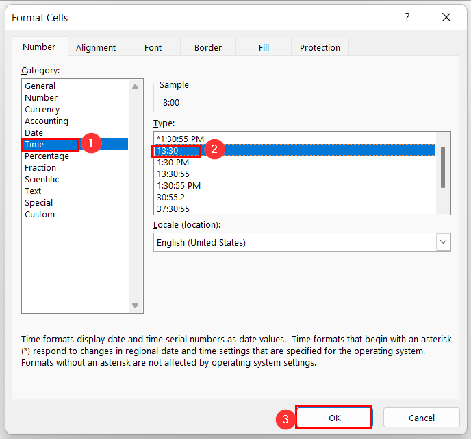 format cells dialog box to calculate hours worked minus lunch using Excel formula