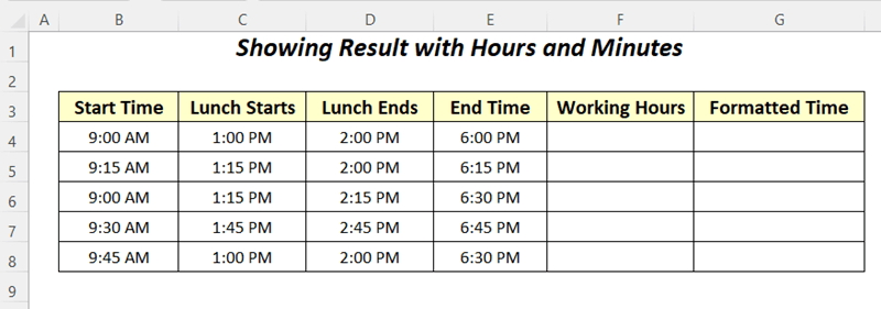 calculate hours worked minus lunch using Excel formula and showing results with hours and minutes