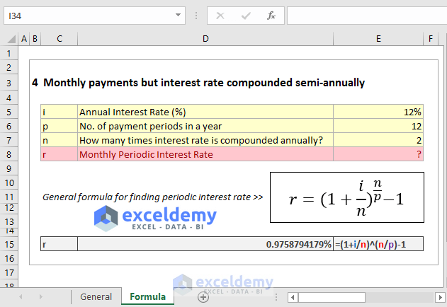 Calculating Periodic Interest Rate in Excel when payment periods and compounding periods are different.