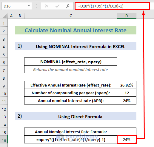 Using Direct Formula to Calculate Nominal Interest Rate from Effective Interest Rate