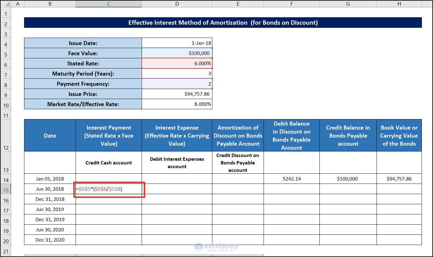 calculating interest payment in effective interest method of amortization excel