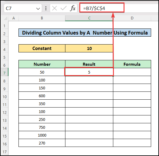 Divide Values Using Absolute Cell Reference with Dynamic User Input in a Column