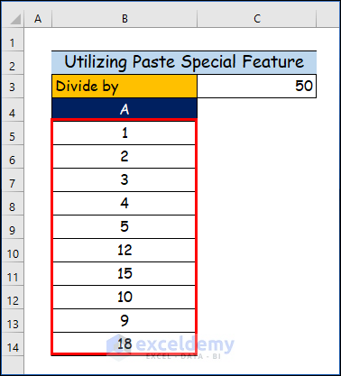 Utilizing Paste Special Feature to Divide Columns in Excel