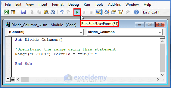 Applying VBA Code to Divide Columns in Excel