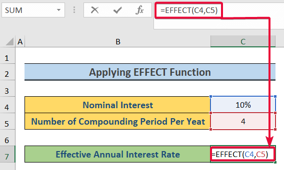 writing effective function formula to calculate effective interest rate in excel with formula