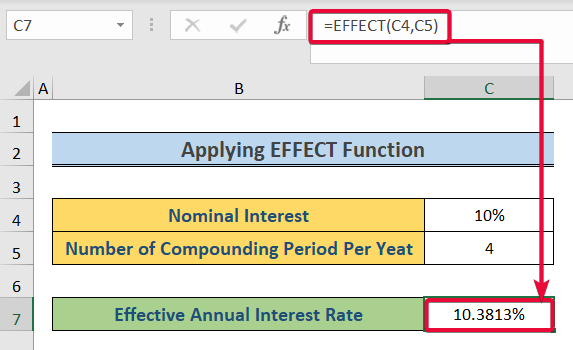 applying effective function to calculate effective interest rate in excel with formula