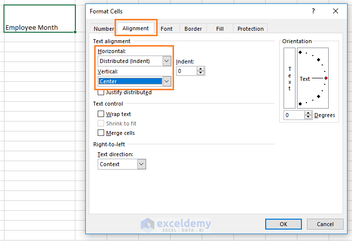 Format cells dialog box. Change the horizontal and vertical options with the Distributed (indent) and Center options respectively.