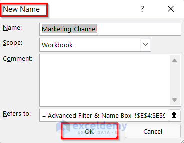 Opening New Name dialog box to Calculate Percentage of Grand Total in Excel Formula