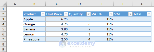 An Excel table