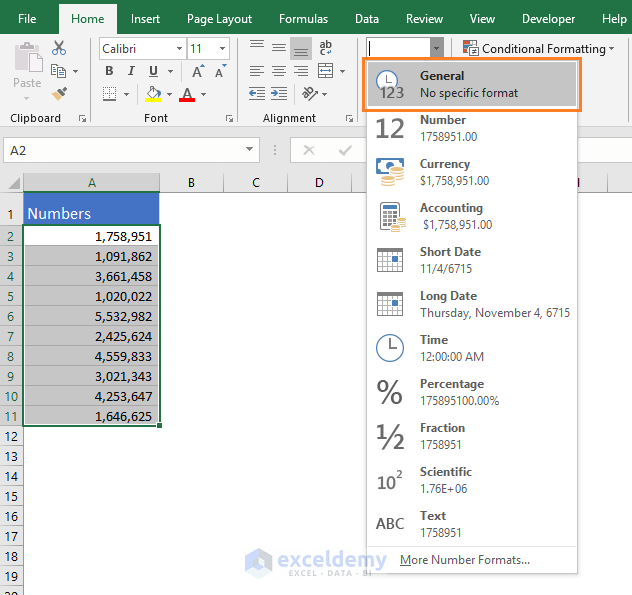General Formatted Numbers in Excel