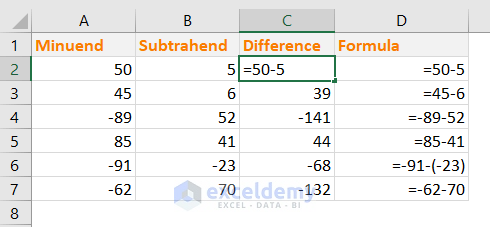 subtraction in excel with fixed numbers