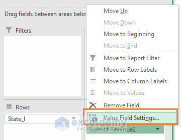 value field settings command in excel pivot table