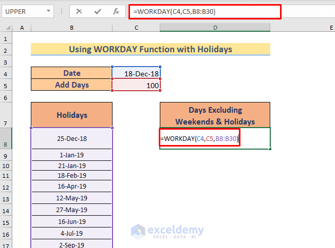 adding days to a date in excel excluding weekends and holidays
