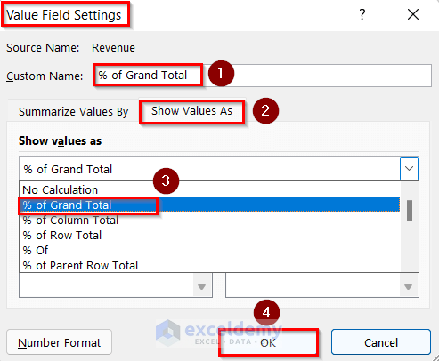 Opening Value Field Settings Dialog Box to Calculate Percentage of Grand Total in Excel Formula