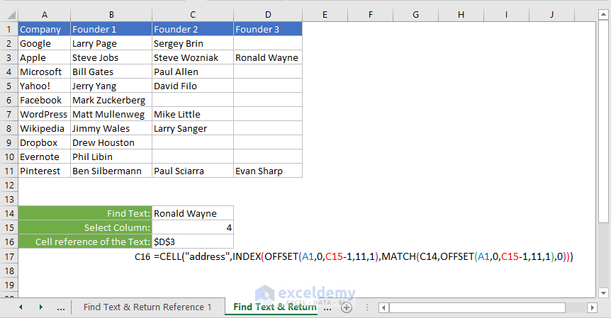 Find text in an Excel range and return the cell reference using offset function