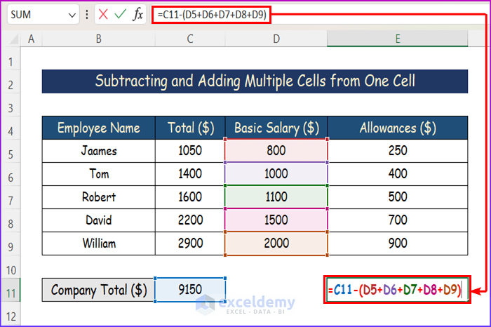 Subtracting and Adding Multiple Cells from One Cell Using Minus Sign