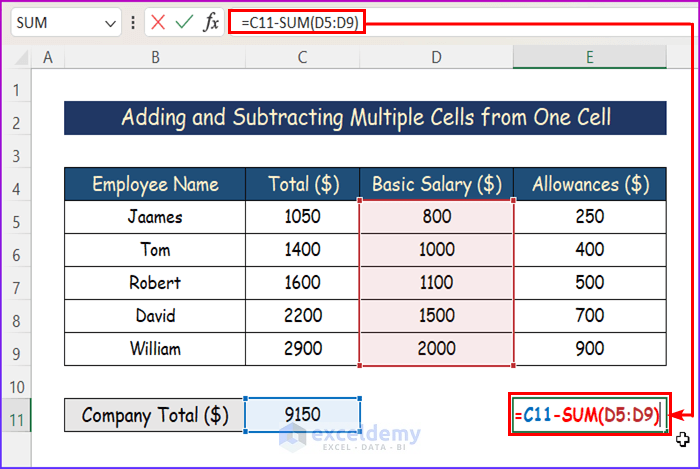Subtracting and Adding Multiple Cells from One Cell Using SUM Function in Excel in One Formula