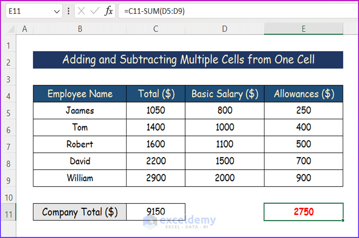 Adding and Subtracting Multiple Cells from One Cell in Excel in One Formula