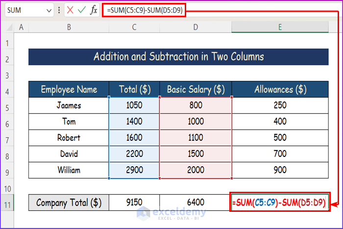Addition and Subtraction in Two Columns Using One Formula