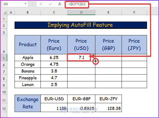 Implying AutoFill Feature to Apply Same Formula to Multiple Cells in Excel