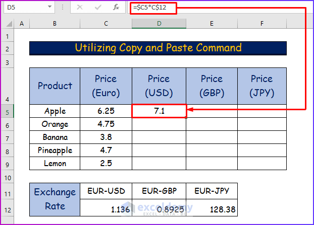 Utilizing Copy and Paste Command to Apply Same Formula to Multiple Cells in Excel