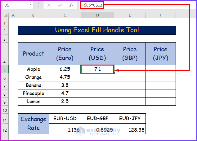 Using Excel Fill Handle Tool to Apply Same Formula to Multiple Cells in Excel