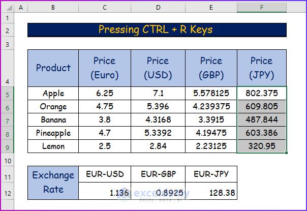 Showing Final Result for Pressing CTRL + R Keys to Apply Same Formula to Multiple Cells in Excel
