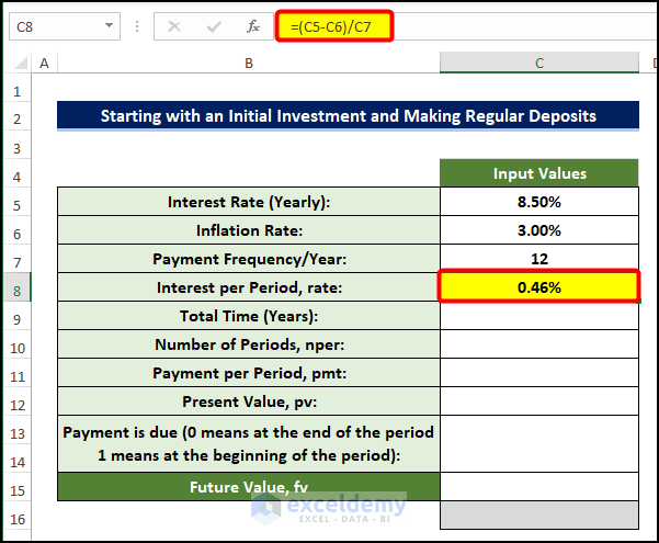 Start with An Initial Investment and Make Regular Deposits and calculate future value with inflation in Excel