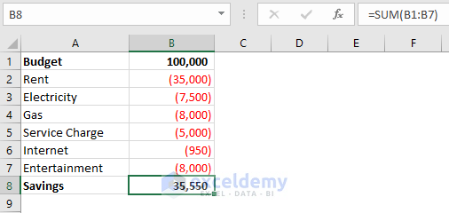 formula to add and subtract in excel