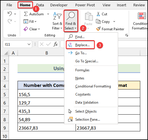 Using Replace Feature of Excel to remove commas in excel