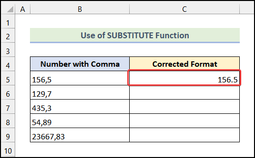 Using SUBSTITUTE Function to remove commas in excel
