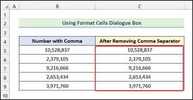 Using Format Cells Dialogue Box to remove commas in excel